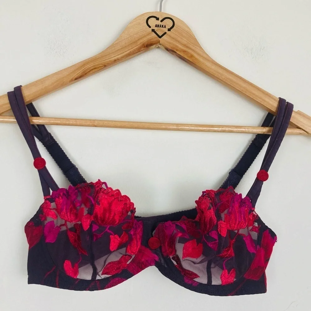 Aubade balconette bra in sheer purple color with red pink floral details. 32D